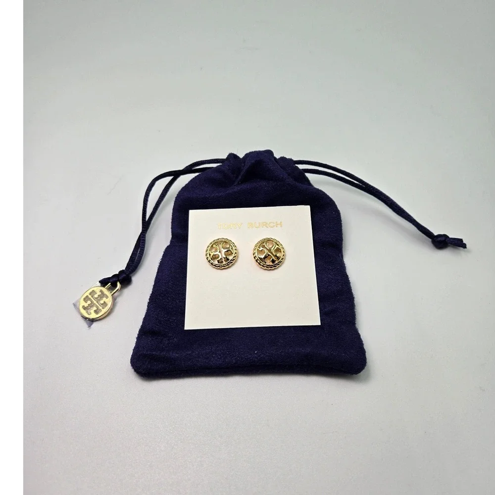 Tory Burch Gold Tone Logo Stud Earrings Pierced Designer Jewelry‎